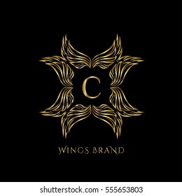 Golden wings frame luxury vector logo design template for boutique, restaurant, hotel, fashion store, menu, business card or brand identity pack with letter C.