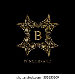 Golden wings frame luxury vector logo design template for boutique, restaurant, hotel, fashion store, menu, business card or brand identity pack with letter B.