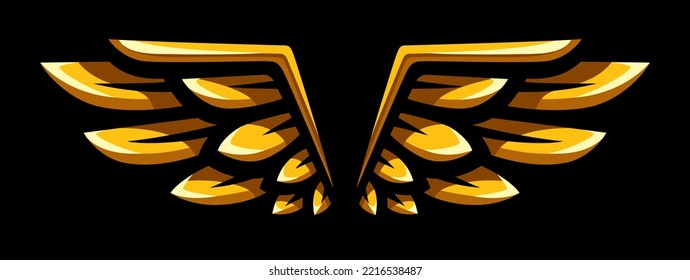 Golden wings illustration. Gold feathers logo. Heraldic emblem. T shirt print.