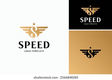 Golden wings initial letter S bird angel wingspan badge emblem logo design