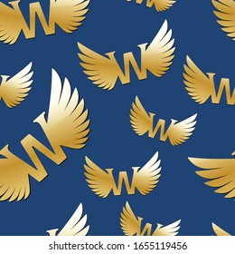 Golden wings with letter vector seamless pattern. Modern texture on  blue background for corporate identity, branding card, wrapping.
