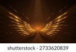 Golden wings with light rays and reflections with shinning with falling golden bokeh lights with studio spotlight luxury background template 