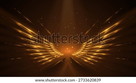 Golden wings with light rays and reflections with shinning with falling golden bokeh lights with studio spotlight luxury background template 