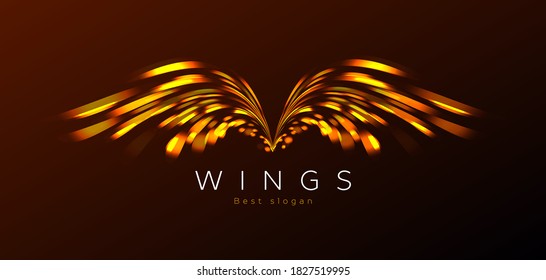 Golden wings made of sparkling lights, blurred flares, logo identity, digital design element, fire effect