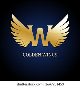 Golden wings on dark blue background. Vector illustration. Design element for logo, emblem, sign, brand mark.