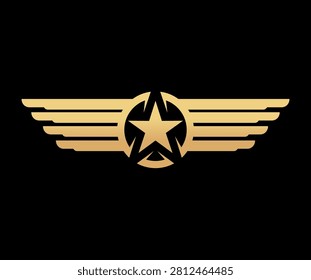 Golden wings shield emblem or aviation symbol. Army airforce veteran medal vector emblem, airline or aviation award icon. Military elite force rank badge with gold star in circle and wings feathers