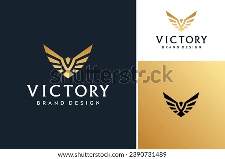 Golden Wingspan Bird, Dove Pigeon Eagle Falcon Osprey Hawk Phoenix Wings Initial Letter V for Victory Gold Luxury Premium Brand Logo Design