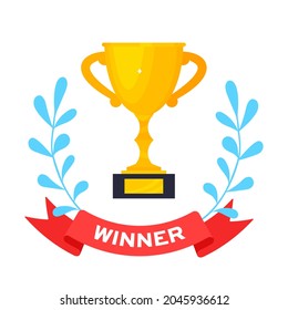 Golden winner award trophy goblet cup icon sign flat style design vector illustration isolated on white background with red ribbon and text winner.