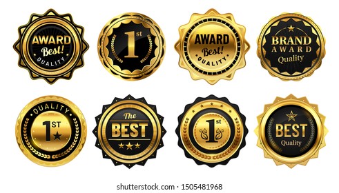 Golden Winner Badges. Retro Gold Quality Stamp, Exclusive Circle Badge And Heraldic Award. Sport Competition Prize Trophy, Gold Victory Badge. Isolated Vector Icons Illustration Set