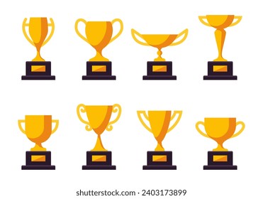Golden winner cup icon set. Champion trophy symbol collection, sport award sign. Winner prize, champions celebration winning concept isolated on white background. Reward victory vector illustration