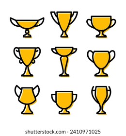 Golden winner cup icon set. Champion trophy symbol collection, sport award sign. Winner prize, champions celebration winning concept isolated on white background. Reward victory vector illustration