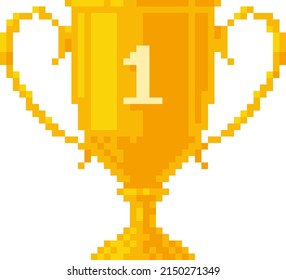 Golden winner cup pixel art style. Goblet with number one on it. Vector illustration.