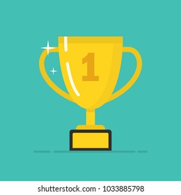 Golden winner cup. Trophy cup. Flat cartoon icon. Vector illustration.