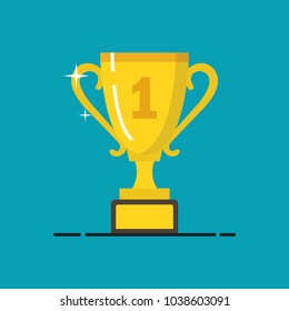 Golden winner cup. Trophy cup. Flat cartoon icon. Vector illustration.