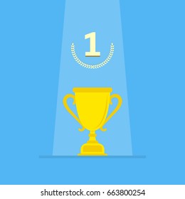 Golden winner cup. Trophy cup. Flat cartoon style. Vector illustration.