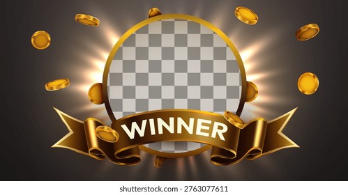 Golden Winner Frame with Flying Coins and Radiant Glow, an emblem for success, achievement, and celebration. Vector illustration