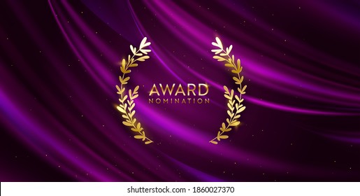 El dorado ganador luce fondo con corona laurel. Banner de diseño de nominación de premios. Ceremonia vectorial plantilla de invitación de lujo, textura de tela abstracta de seda realista, negocio de nominados de premios