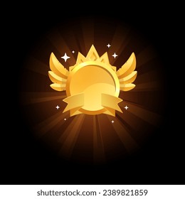 Golden winner icon for game design, vector illustration isolated on black background. Simple web element, drawing of a round shaped sign with wings. Shiny metal colored award badge. Flat art.