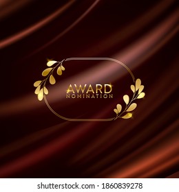 Laurel ganador de oro lanzó banner brillante.  Antecedentes de diseño de nominación de premios. Ceremonia vectorial plantilla de invitación de lujo, textura de tela abstracta de seda realista, nominado al premio de negocios