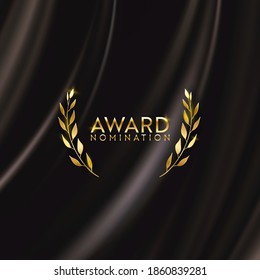 Laurel ganador de oro lanzó banner brillante.  Antecedentes de diseño de nominación de premios. Ceremonia vectorial plantilla de invitación de lujo, textura de tela abstracta de seda realista, nominado al premio de negocios