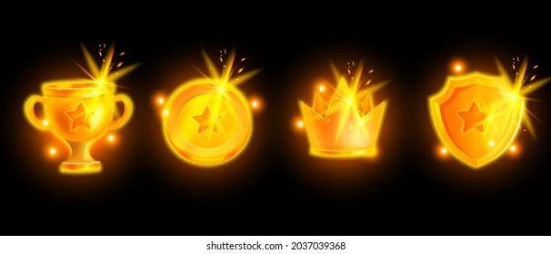 Golden winner trophy cup set, vector champion game icon, victory eSport award badge, reward medal. UI mobile app element kit, competition achievement honor goblet, crown, shield. Contest winner cup
