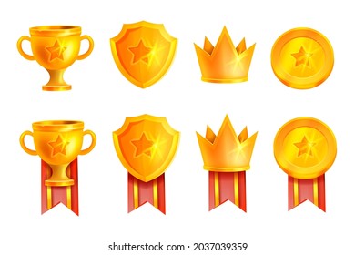 Golden winner trophy cup vector icon, game champion prize badge set, shiny goblet, shield, crown. ESport victory reward medal illustration kit, championship achievement symbol. Winner cup, red ribbon