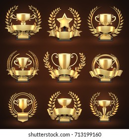 Golden winner trophy cups, prize sports awards with golden wreaths and ribbons. Emblem championship and leadership collection. Vector illustration