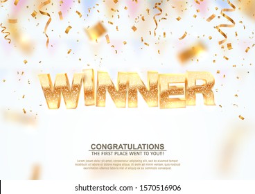 Golden winner word on falling down confetti background with blur motion effect. Winning vector illustration template. Congratulations with perfect victory. - Shutterstock ID 1570516906