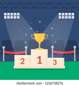 Golden Winners Cup On Pedestal. Trophy On Top Step Of Prize Podium. Flat Style Illustration