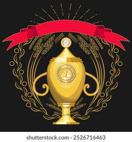 Golden winner's cup with a top, red ribbon and rays framed by a wreath of stylized plant elements. Black background. Vector illustration