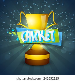 Golden winning trophy with 3D text Cricket on stylish rays background.