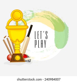 Golden Winning Trophy With Bat, Ball, Wicket Stumps And Helmet For Cricket.