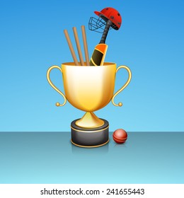Golden winning trophy with bat, ball, helmet and wicket stumps for cricket sports on shiny sky blue background.
