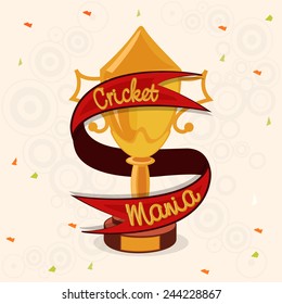 Troféu de vitória dourado coberto pela fita vermelha Cricket Mania para o conceito Cricket Sports.