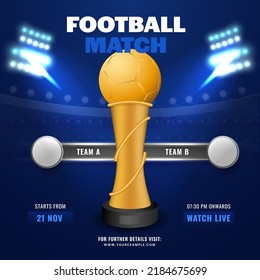 Golden Winning Trophy Cup Of Participating Team A VS B On Blue Stadium Background For Football Match Concept.