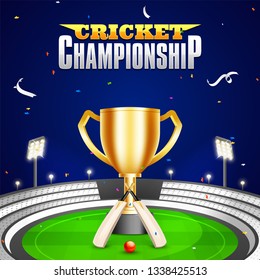 Golden Winning Trophy on night stadium light background with bat and ball, poster or flyer design for Cricket Cup Championship.