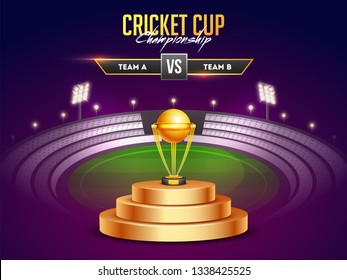 Golden Winning Trophy on night stadium light background with VS concept poster or flyer for Cricket Cup Championship.