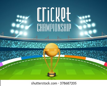 Golden Winning Trophy on night stadium lights background for Cricket Championship concept.