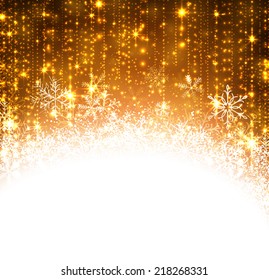 Golden winter abstract background. Christmas background with snowflakes. Vector. 