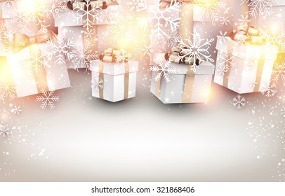 Golden winter background. Fallen bright snowflakes. Christmas gifts with place for text. Vector illustration. 