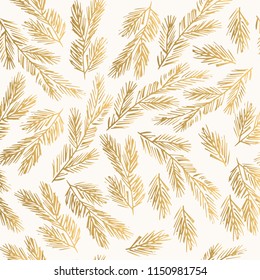 Patrón de invierno dorado con ramas de abeto. Antecedentes decorativos de Año Nuevo. 