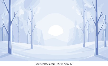 Golden winter sun shines through bare trees in a peaceful snow-covered forest during a cold winter day.