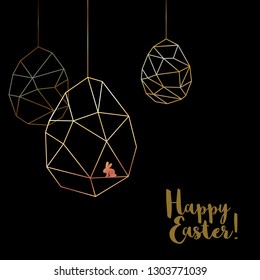 Golden wire eggs with rabbit. Easter party greetings poster template. Holiday greeting card brochure cover vector design.