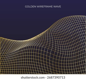 A grade dourada de arames fluindo como uma onda em um fundo escuro, sugerindo movimento digital ou visualização de dados abstrata.