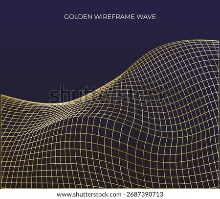 Golden wireframe grid flowing like a wave on a dark background, suggesting digital motion or abstract data visualization.