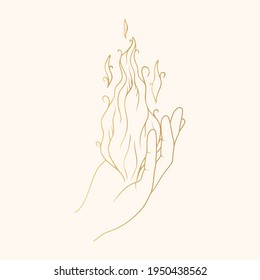 Golden Witch hand holding fire. Gold Mystical Witchcraft illustration Vector isolated celestial icon.