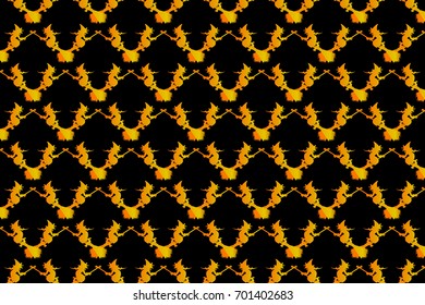 Golden witch on a broomstick on a black background - vector pattern