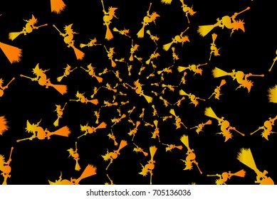 Golden witch on a broomstick on a black background - vector pattern