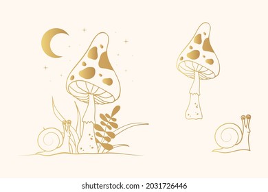 Golden witchy mushrooms. Gold Celestial fungi set.