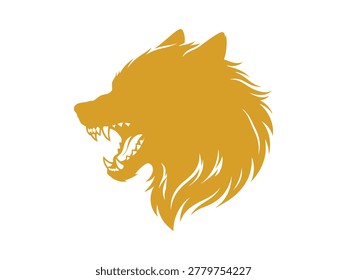 Golden wolf head illustration with sharp teeth and fur
